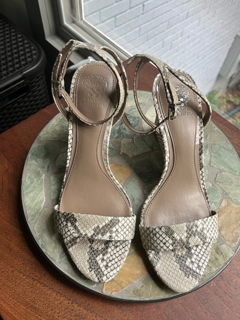Like New Vince Camuto Snakeskin Ankle-Strap Wedge Sandals in Light Taupe
